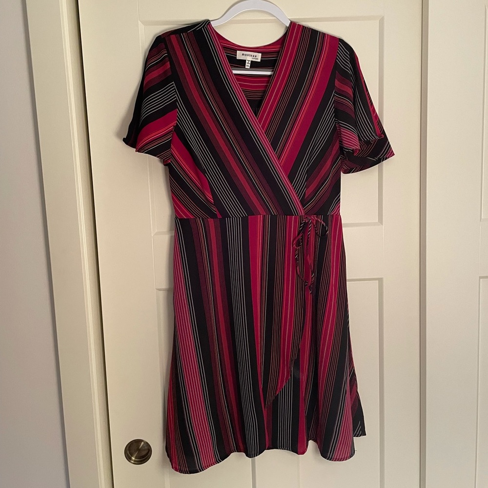 Red and black wrap dress.